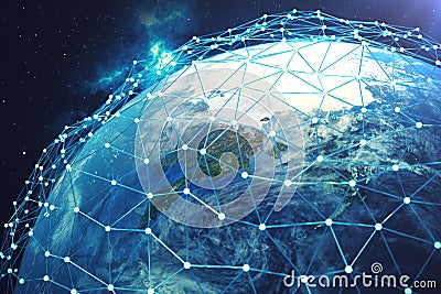 3D rendering Network and data exchange over planet earth in space. Connection lines Around Earth Globe. Global Stock Photo