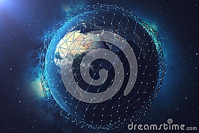 3D rendering Network and data exchange over planet earth in space. Connection lines Around Earth Globe. Global Stock Photo