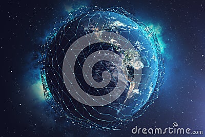 3D rendering Network and data exchange over planet earth in space. Connection lines Around Earth Globe. Global Stock Photo