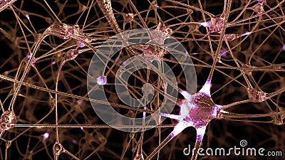 3D rendering of a network of neuron cells and synapses in the brain through which electrical impulses and discharges pass Stock Photo
