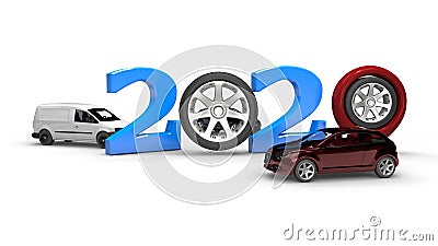 3D rendering of 2020 new year date formed by numbers and pins of navigators instead of zeros. Wheels and car are complementary to Stock Photo