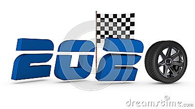 3D rendering of new year 2020 date. Instead of a zeros wheel, the finish flag is in the background. The idea of a new achievement Stock Photo
