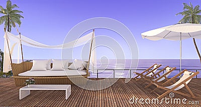 3d rendering nice beach rattan sofa with beach bed on terrace near sea with evening scene Stock Photo