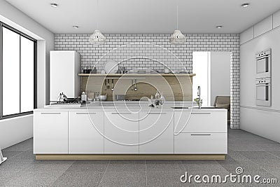 3d rendering nice tile kitchen with brick wall Stock Photo