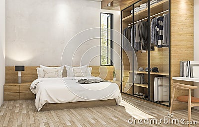 3d rendering nice wood contemporary bedroom with nice cloth cabinet Stock Photo