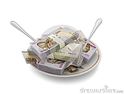 Nigerian naira notes on plate. Money spent on food concept. Food expenses, expensive meal, spending money concept. Stock Photo