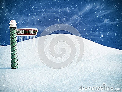 3D rendering of a north pole sign pointing to the place where you can find Santa. Snow in the air and icicles hanging from the Stock Photo