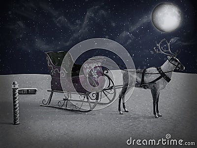 3D rendering of a north pole sign and reindeer with sleigh at night. Stock Photo