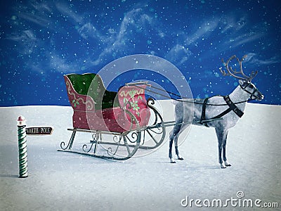 3D rendering of a north pole sign and reindeer with sleigh. Stock Photo