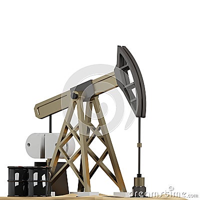 3D rendering of oil rig extracting liquid oil from well in developed field front view. Environmental pollution problem. Realistic Cartoon Illustration