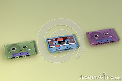 3d rendering Old audio tape compact cassette isolated on yellow background Retro cassette tape collection top view Editorial Stock Photo