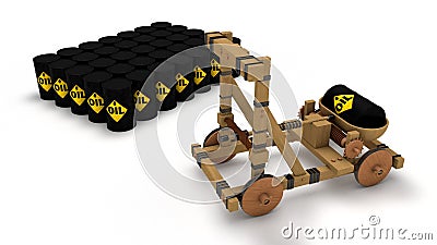 3D rendering of an old catapult with a barrel of oil in a bucket and a lot of barrels next to it. . The idea of an energy war, the Stock Photo