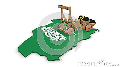 3D rendering of an old catapult with a barrel of oil on the territory of Saudi Arabia. The idea of an economic confrontation Stock Photo