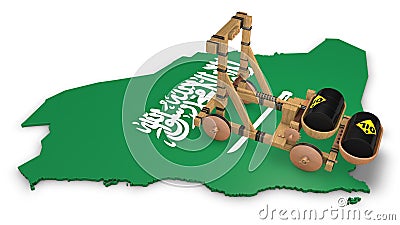 3D rendering of an old catapult with a barrel of oil on the territory of Saudi Arabia. The idea of an economic confrontation Stock Photo