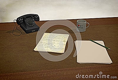 3D rendering: old fashioned still life, desk with vintage telephone and handwriting sheets Stock Photo