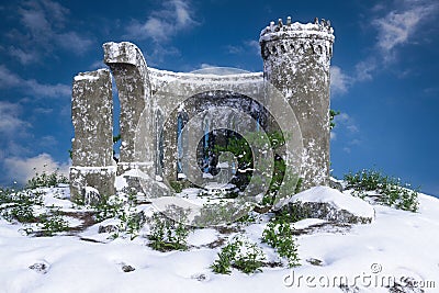 3D rendering of an old ruined medieval castle on a hill in a sno Cartoon Illustration