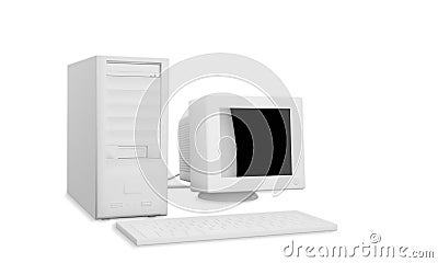 3D rendering old white computer standard workstation, crt white screen, atx case, mouse keyboard wireless isolated on a white Stock Photo