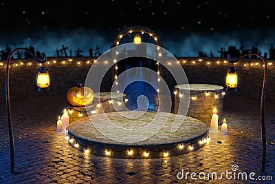 Old wooden Podium decorating in front of the graveyard for Halloween nightmare. Stock Photo