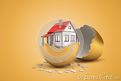 3d rendering of one-storeyed house in half of gold eggshell with the other eggshell lying behind on ocher background. Stock Photo