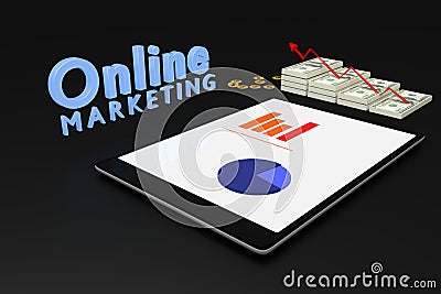 3D rendering : online marketing concept, computer tablet with a bar graph on screen and dollars money with red arrow grow up Cartoon Illustration