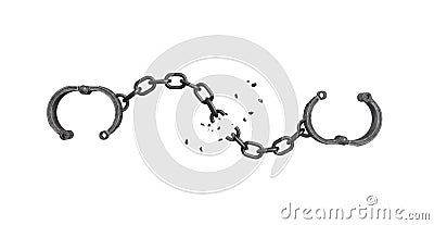 3d rendering of open arm shackles hanging on white background with a broken chain. Stock Photo