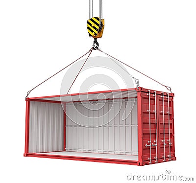 3d rendering of open empty red open-side cargo container suspended from crane isolated on white background. Stock Photo