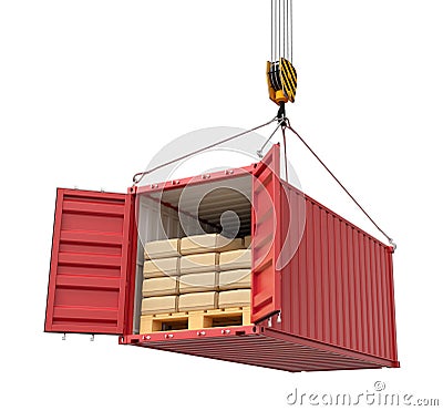 3d rendering of open red cargo container almost full of packages, suspended from crane, isolated on white background. Stock Photo