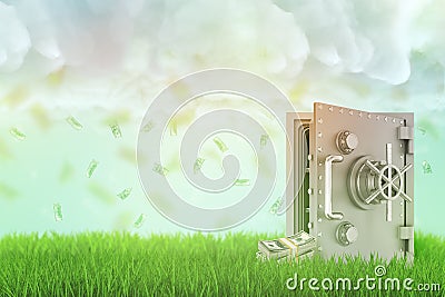 3d rendering of an open safe on a fresh green lawn with a few money bundles beside it and a rain of dollar bills falling Stock Photo