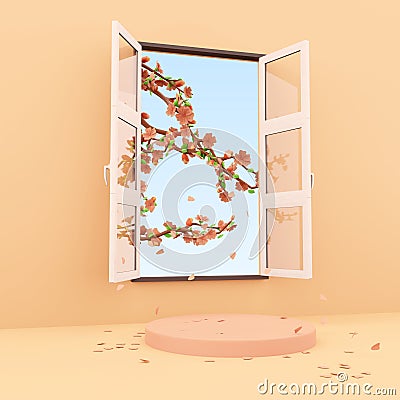 3d rendering open windows through which ripening trees are visible icon. 3d render bright color podium icon Stock Photo