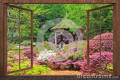 3d rendering of open wooden windows with a view of the waterfall Stock Photo