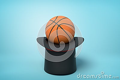 3d rendering of orange basketball ball on black top hat upside down on blue background Stock Photo