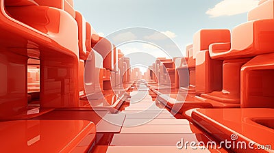 a 3d rendering of an orange hallway with lots of chairs Stock Photo