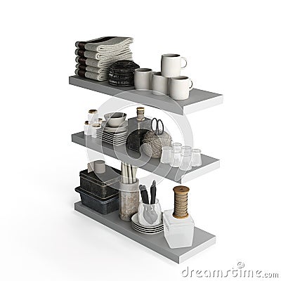 3d rendering of an organized collection of ceramic dishes and cups on white shelves Stock Photo