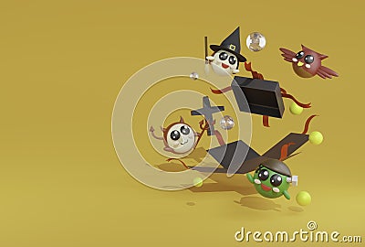 3d rendering owl,devil witch,zombie happy arround black giftbox explored on yellow background Stock Photo