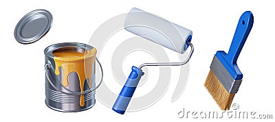 3d rendering, paint roller brush and bucket, painting tools isolated on white background, renovation clip art Stock Photo