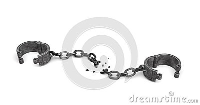 3d rendering of a pair of open metal shackles with a broken chain link on white background. Stock Photo