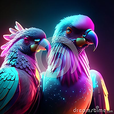 3d rendering of a pair of pigeons in neon light. generative AI Stock Photo