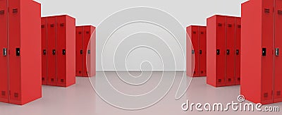 3d rendering. panorama view of red metal lockers on the floor background. Stock Photo