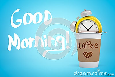 3d rendering of paper coffee cup with yellow alarm clock sitting in it on light blue background with title `Good Morning Stock Photo