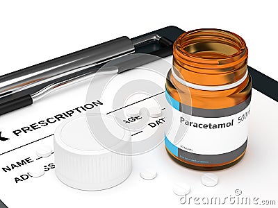 3d rendering of paracetamol pills lying on rx and clipboard Stock Photo