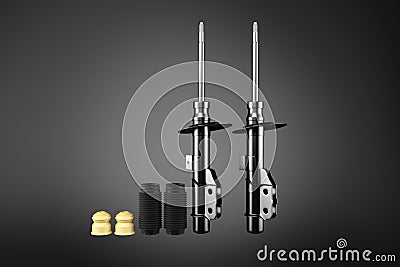 3D rendering. Passenger car Shock Absorber, new auto parts, spare parts. Stock Photo