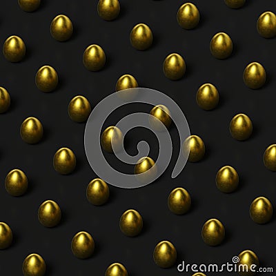 3d rendering, pattern of golden eggs on a black background. Minimal nutrition concept. 3d image, banner Stock Photo