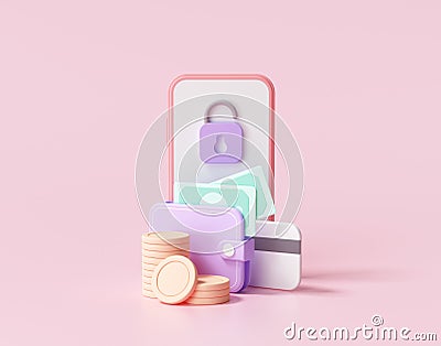 3D rendering payment via credit card concept. Secure online payment transaction with smartphone. Internet banking via credit card Stock Photo