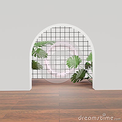 3D rendering of pedestal podium, Abstract minimal display empty space with Monstera leaves. Geometry podium for beauty cosmetic Stock Photo