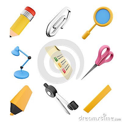 3d rendering pencil, paper clip, blue lamp, exam paper, yellow marker, compass, ruler, lupa and scissors icon set. 3d Stock Photo