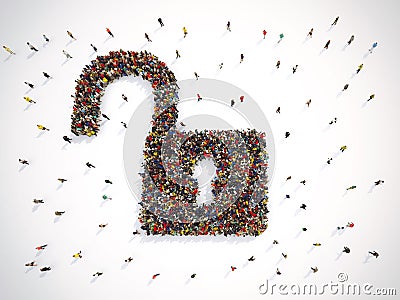 3D Rendering of people forms an open lock Stock Photo