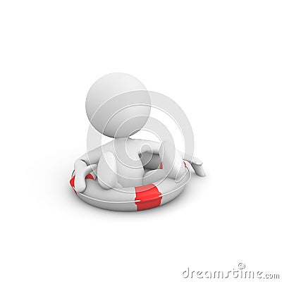 3D rendering of a person figure sitting in a lifebuoy isolated on a white background Stock Photo