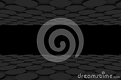 3d rendering. perspective view of dark circular button shape pattern design floor with black wall as background. Stock Photo