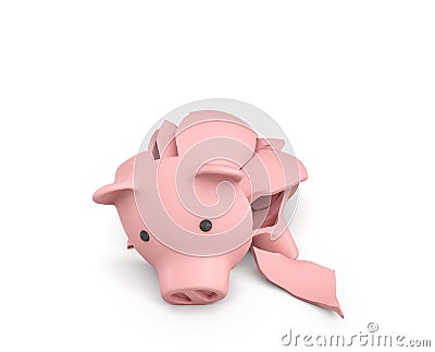 3d rendering of a pink ceramic piggy bank completely broken up into several large pieces. Stock Photo