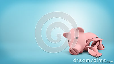 3d rendering of a pink ceramic piggy bank completely broken up into several large pieces. Stock Photo